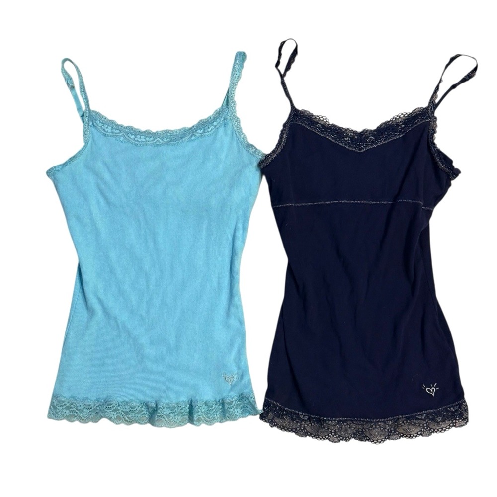 Justice Y2K Lace Trim Ribbed Cami Tank Top Girls Size 16 Blue Navy Lot of 2